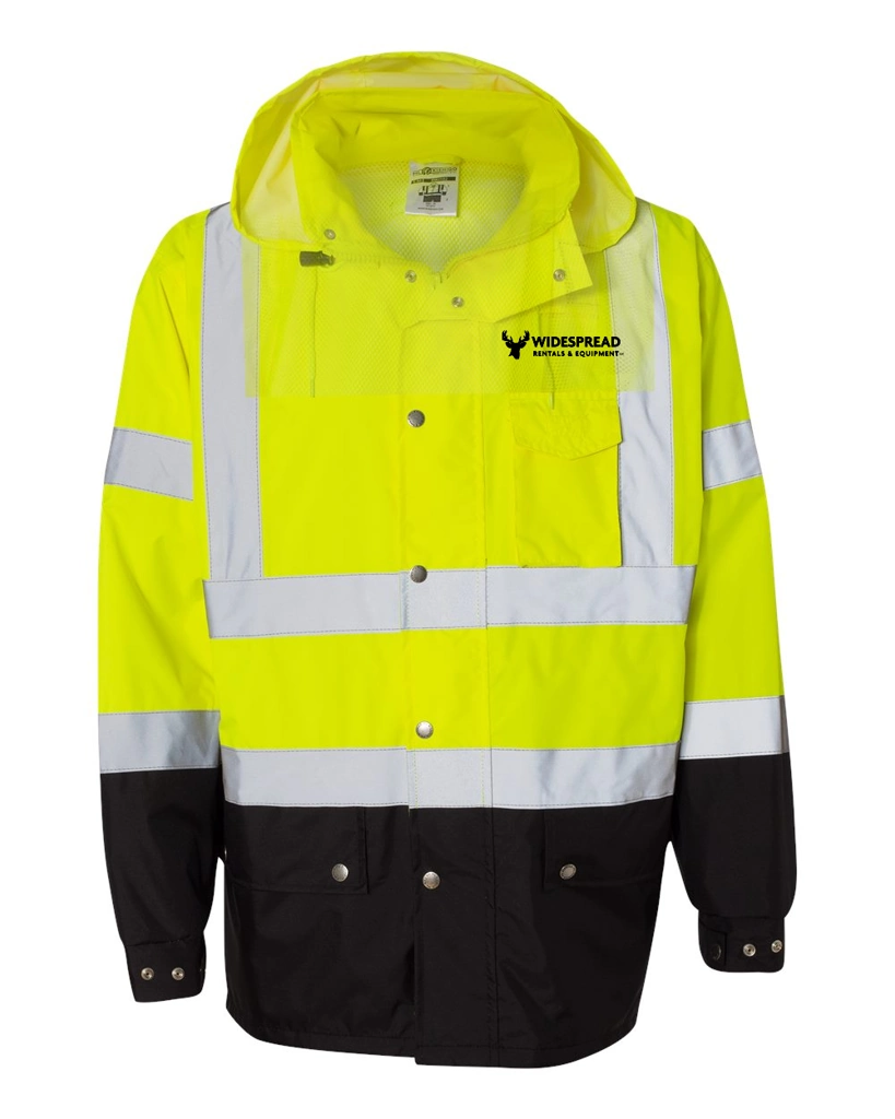 Variant Image for RWJ102-103 - Kishigo Unisex Storm Cover Waterproof Rain Jacket - Widespread - Logo Front & Back - 1C D Black - Website Widespread Rentals