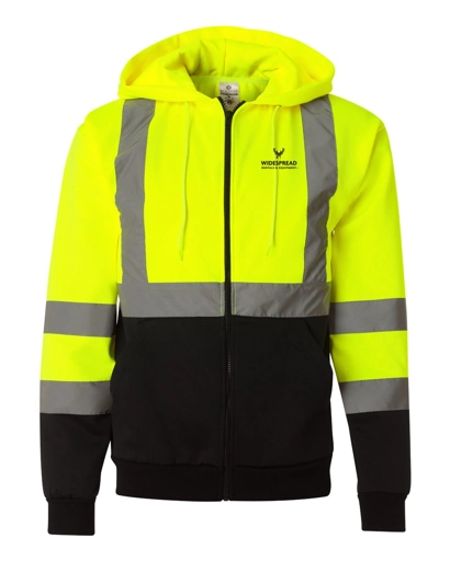 Variant Image for JS102-103 - Kishigo Unisex Hi-Vis Full-Zip Hooded Sweatshirt - Widespread - Upright F&B - 1C D Black - Website Widespread Rentals